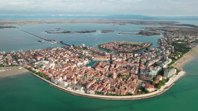 Town of Grado colorful architecture and waterfront aerial view, Friuli-Venezia Giulia region of Italy