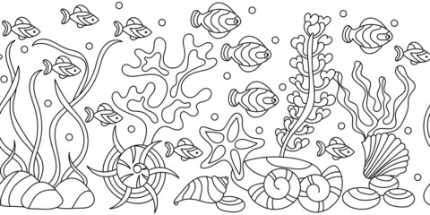 Seamless border Underwater, Marine vector motif . Monochrome Aquariums vector background
