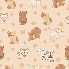 Seamless pattern of cute cats in kawaii style with outline. Cartoon kitten in different poses. Flat vector