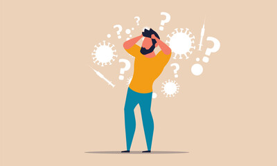 Man stress from covid corona disease contamination health. Paranoid to coronavirus patient solitude virus. Panic and nervous people lockdown. Vector cartoon illustration medical safety fear risk