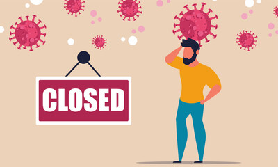 Business restaurant close from coronavirus. Pandemic jobless shop company crisis. Lockdown service entrepreneur. Biohazard public market store. Vector illustration warning covid panic unemployment