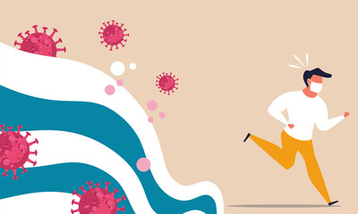 Corona wave pandemic crisis disaster. Future global epidemic virus collapse covid danger. Medical outbreak risk protection biohazard viral peek vector illustration. Water destruction infection alert