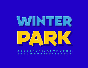 Vector creative emblem Winter Park with Sticker style Font. Blue playful Alphabet Letters and Numbers set