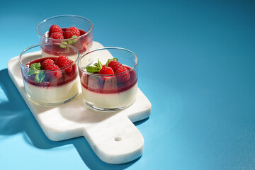 Italian dairy dessert panna cotta with raspberry jam, fresh raspberries and mint on marble board on...