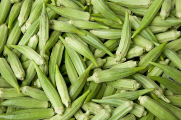 Pile of fresh okra in a farmer's market.