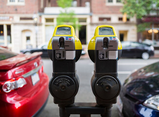Close-up shot of some park meters. 