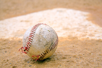 Close-up shot of a baseball on a baseball base.