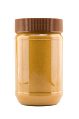 A jar of fresh peanut butter isolated on white background.
