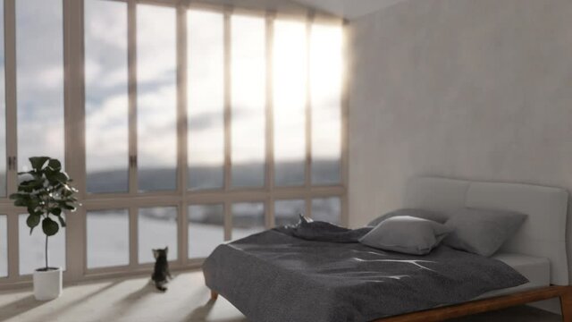 DEFOCUSED LOOPED BACKGROUND Empty bed in modern interior at sunrise. Winter time Window sunny snowy forest in the background. Cat looking at window. 3d render. Replacing green screen background