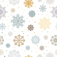 Snowflakes seamless pattern on a white background. Lacy, winter background with faded, monochrome flowers, beige, blue, golden. Vector illustration, flat minimal design, eps 10.
