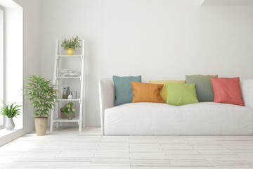 Stylish room in white color with sofa. Scandinavian interior design. 3D illustration