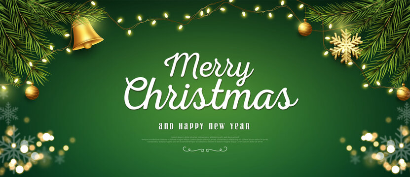 Realistic christmas and new year banner with branches on green background