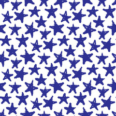 Blue ink stars isolated on white background. Cute monochrome starry seamless pattern. Vector simple flat graphic hand drawn illustration. Texture.