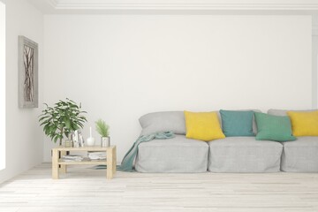 White living room with sofa. Scandinavian interior design. 3D illustration