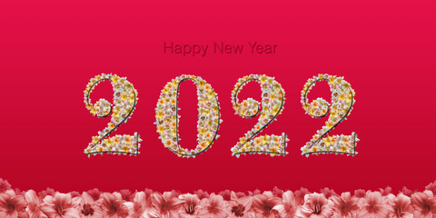 Naklejka premium Bonne année 2022 - Lettres remplies de fleurs multicolores, sur fond dégradé rouge, avec une frise de fleurs en bas