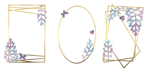 Gold frame with plants. Sample. Empty gold frame with pink and blue leaves. Substitute your text. Isolated element on white background.