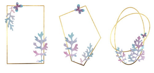 Gold frame with plants. Sample. Empty gold frame with pink and blue leaves. Substitute your text. Isolated element on white background.