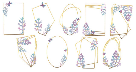 Gold frame with plants. Sample. Empty gold frame with pink and blue leaves. Substitute your text. Isolated element on white background.