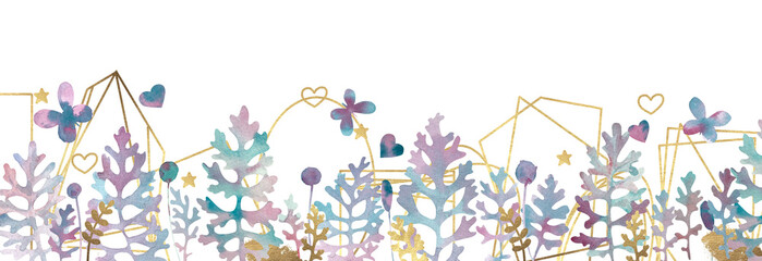 Composition of plants and golden elements. Site header. Cineraria leaves. blue, pink, gold. Gold frames. Romantic