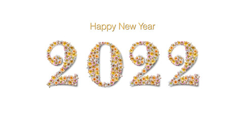 Bonne année 2022 - Lettres remplies de fleurs multicolores, entourées de fleurs détourées sur...