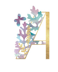 Alphabet. Gold letters with plants. Letter A Latin Alphabet. English. Uppercase letters. Beautiful letters for the beginning of the page