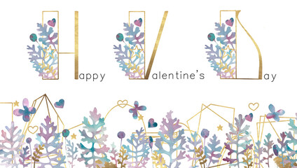 Composition of plants and golden elements. Valentine's Day. Site header. Cineraria leaves. blue, pink, gold. Gold frames. Romantic