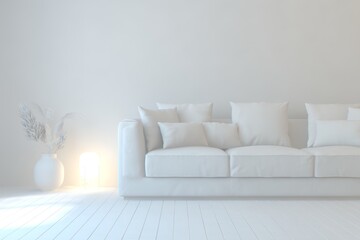 White minimalist living room with sofa. Scandinavian interior design. 3D illustration