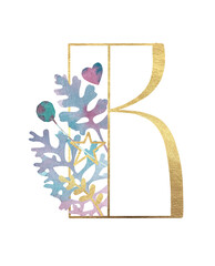 Alphabet. Gold letters with plants. Letter B Latin Alphabet. English. Uppercase letters. Beautiful letters for the beginning of the page