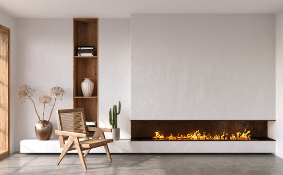 Minimalist living room interior with modern fireplace and white walls. Interior mockup, 3d render 