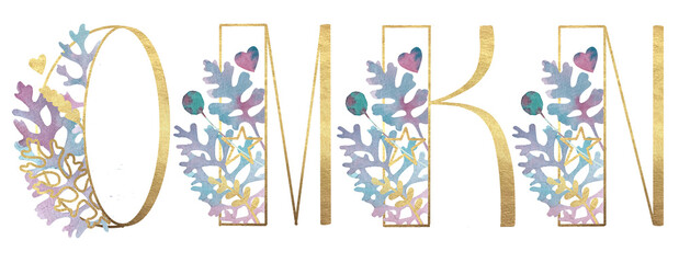 Alphabet. Gold letters with plants. Latin alphabet letters set. English. Uppercase letters. Beautiful letters for the beginning of the page