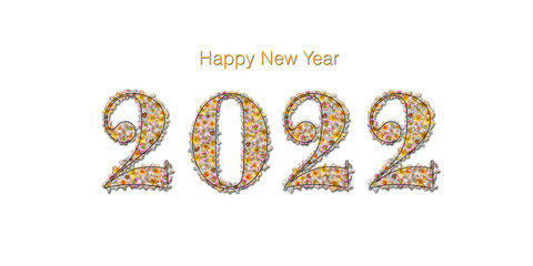 Bonne année 2022 - Lettres remplies de fleurs multicolores, entourées de fleurs détourées sur fond blanc