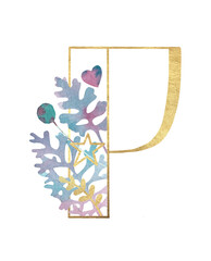 Alphabet. Gold letters with plants. Letter P Latin Alphabet. English. Uppercase letters. Beautiful letters for the beginning of the page