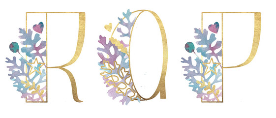 Alphabet. Gold letters with plants. Latin alphabet letters set. English. Uppercase letters. Beautiful letters for the beginning of the page