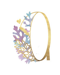 Alphabet. Gold letters with plants. Letter Q Latin Alphabet. English. Uppercase letters. Beautiful letters for the beginning of the page