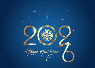2022 Happy New Year. Stylized gold lettering on a blue background. Vector illustration