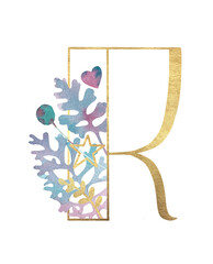 Alphabet. Gold letters with plants. Letter R Latin Alphabet. English. Uppercase letters. Beautiful letters for the beginning of the page