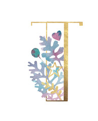 Alphabet. Gold letters with plants. Letter T Latin Alphabet. English. Uppercase letters. Beautiful letters for the beginning of the page
