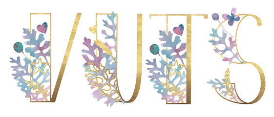Alphabet. Gold letters with plants. Latin alphabet letters set. English. Uppercase letters. Beautiful letters for the beginning of the page