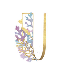 Alphabet. Gold letters with plants. Letter U Latin Alphabet. English. Uppercase letters. Beautiful letters for the beginning of the page