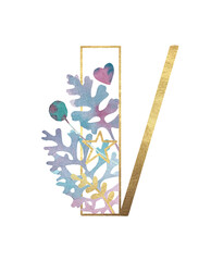 Alphabet. Gold letters with plants. Letter V Latin Alphabet. English. Uppercase letters. Beautiful letters for the beginning of the page