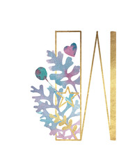 Alphabet. Gold letters with plants. Letter W Latin Alphabet. English. Uppercase letters. Beautiful letters for the beginning of the page