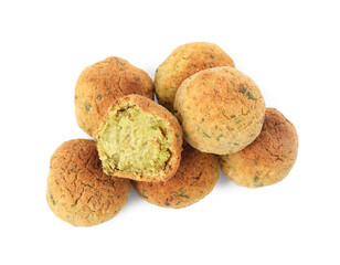 Pile of delicious falafel balls on white background, top view