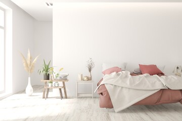 Soft color bedroom interior. Scandinavian design. 3D illustration