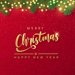 Happy New Year and Merry Christmas card with pine tree frame and hand written text on red background. Vector.