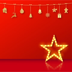 Happy New Year and Chrismat card with star of lamps and ornaments on red background. Vector