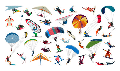 Collection of types of air sports. Characters in the air and on parachutes. - obrazy, fototapety, plakaty