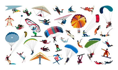 Tuinposter Collection of types of air sports. Characters in the air and on parachutes. © Malika