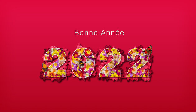 Bonne année 2022 - Lettres remplies de fleurs multicolores, entourées de fleurs détourées sur fond rouge