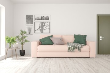 White living room with sofa. Scandinavian interior design. 3D illustration