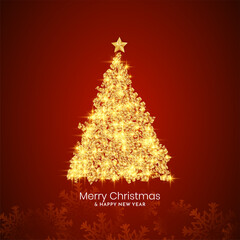 Merry Christmas festival background with golden ribbons tree
